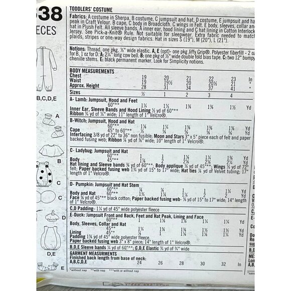 Simplicity 0638 9318 Costumes Halloween Duck Lamb Ladybug Pumpkin Size 1/2 - 4 - Picture 3 of 3